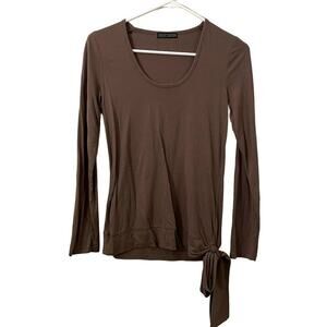 Lauren Hansen tan neutral long sleeved basic casual top bow tie detail scoop